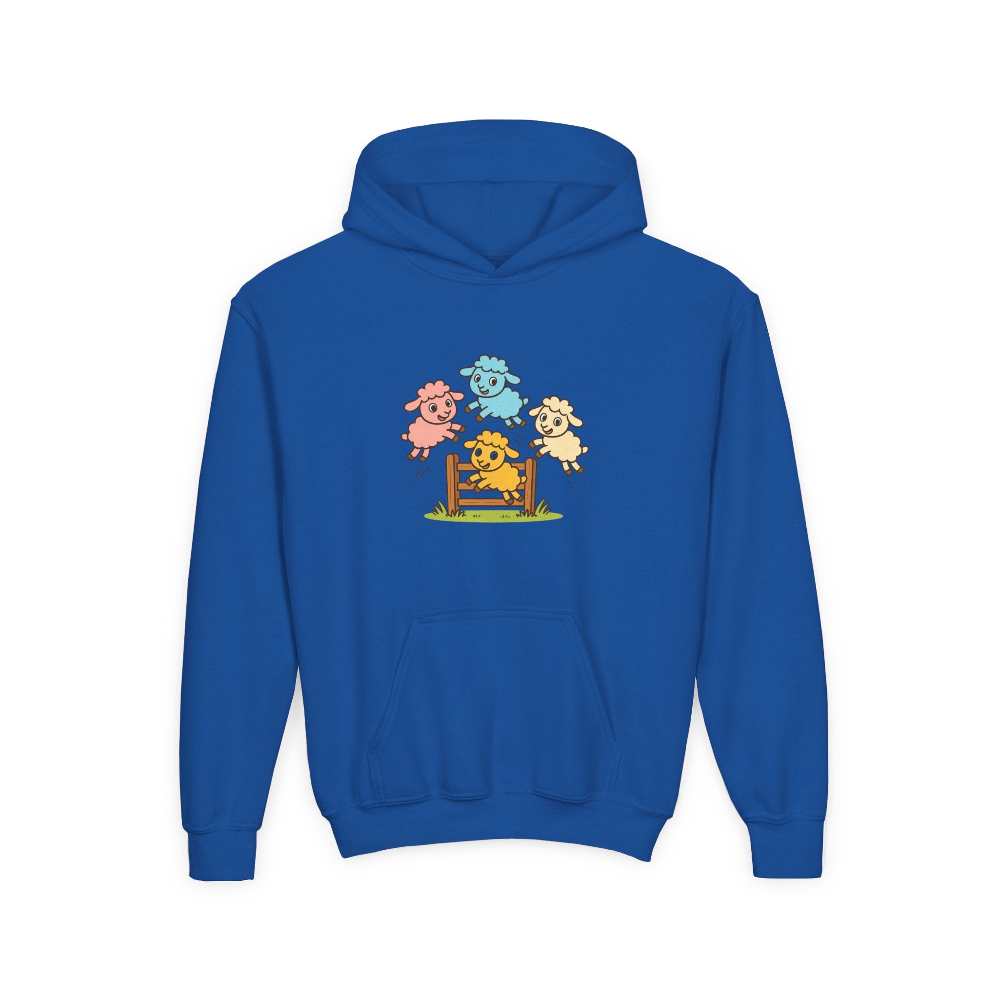 Kids Sheep Hoodie — Colorful Jumping Lambs Graphic Youth Hooded Sweatshirt