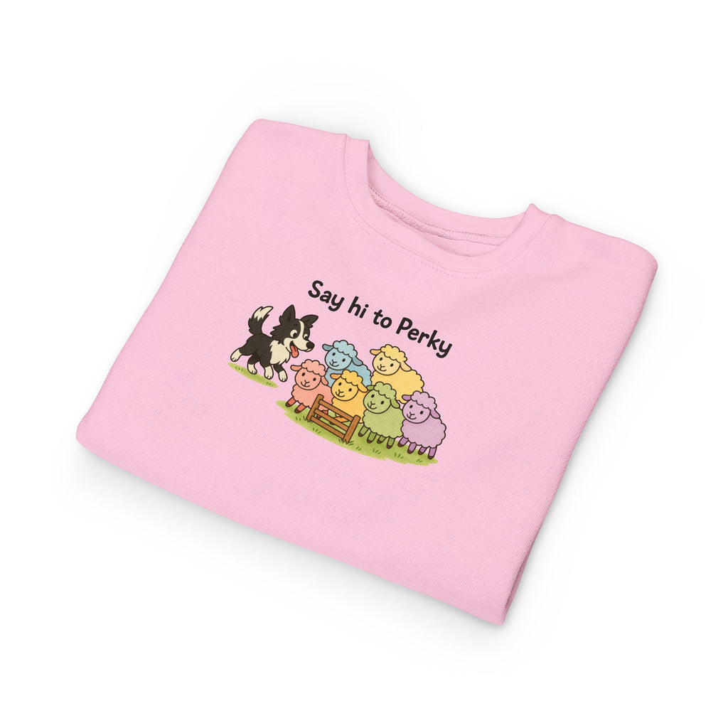 Say Hi to Perky Toddler Sweatshirt — Cute Sheep & Border Collie Kids Pullover
