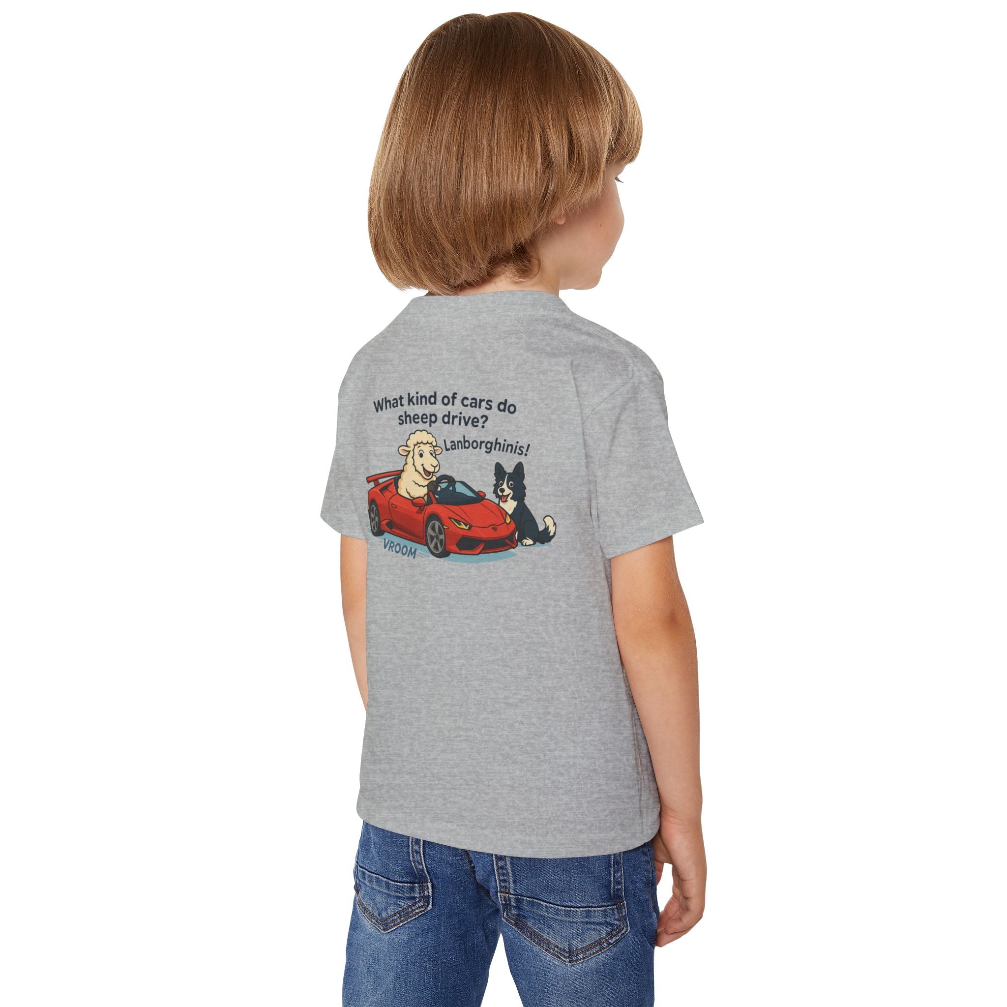 Toddler T-Shirt — Cute Sheep & Dog Cartoon with 'What kind of cars do sheep drive? Lamborghinis!' Back Print