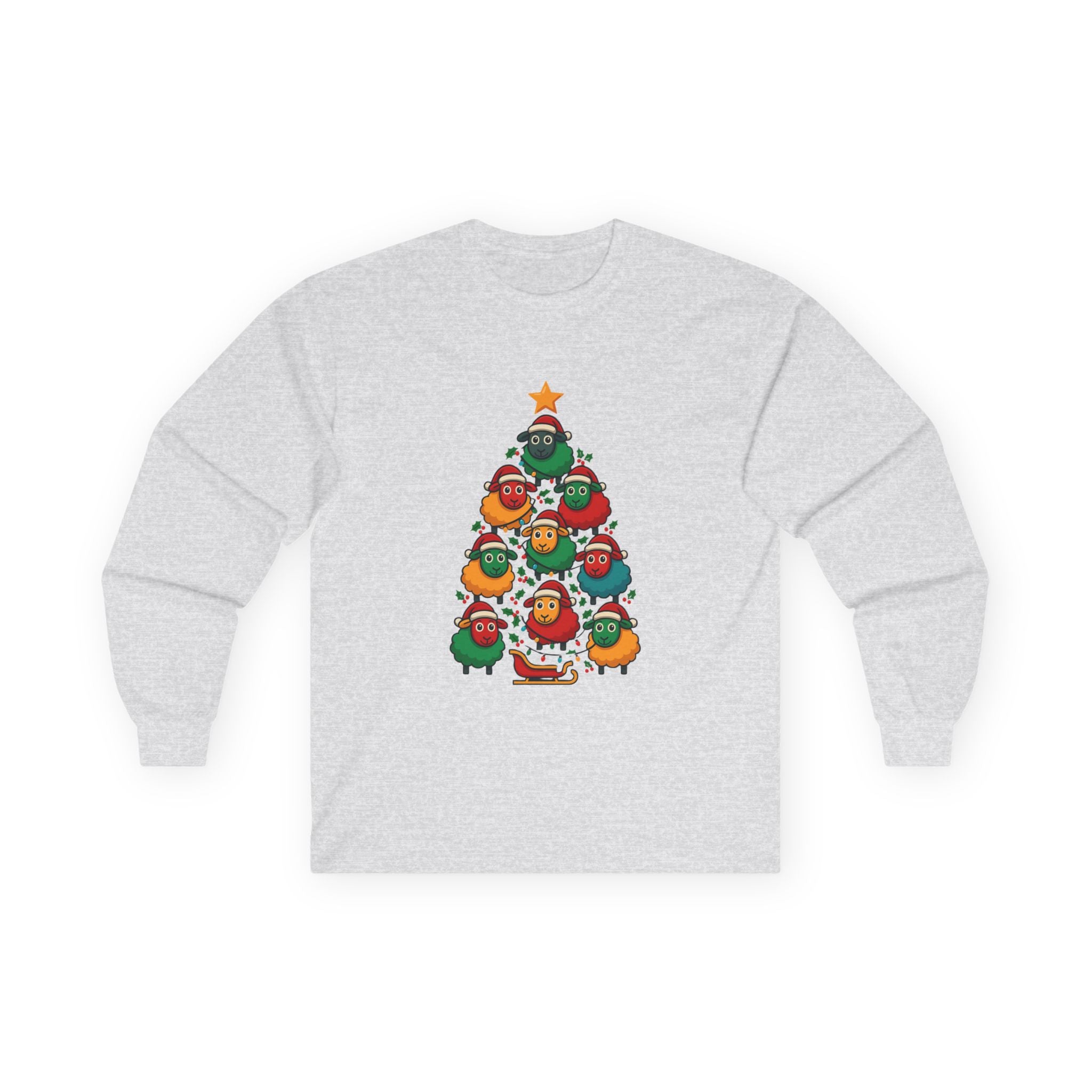 Long Sleeve Tee — Christmas Sheep Tree Graphic Holiday Shirt