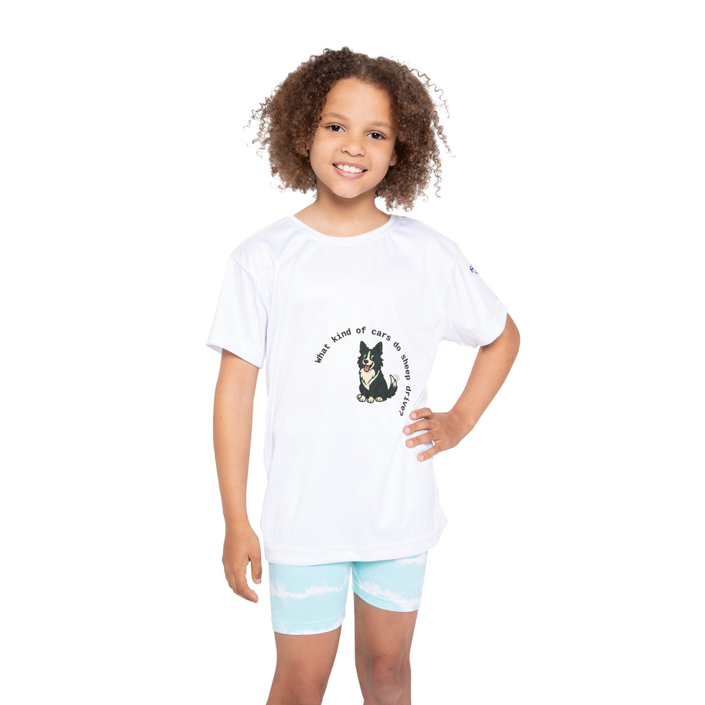 Kids Jersey — "What kind of cars do sheep drive? Lamborghinis!" Cute Sheep & Dog Sports Tee