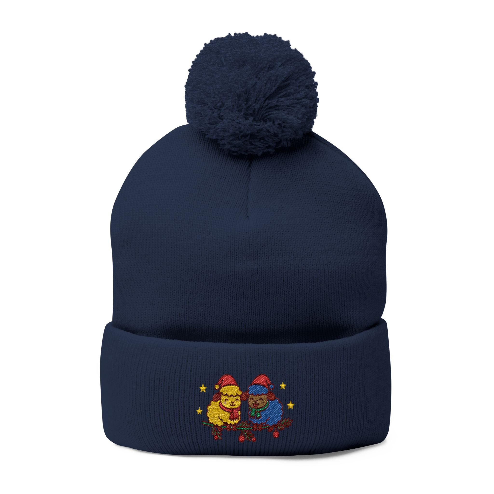 Embroidered Winter Pom-Pom Beanie — Cute Chick Couple Design