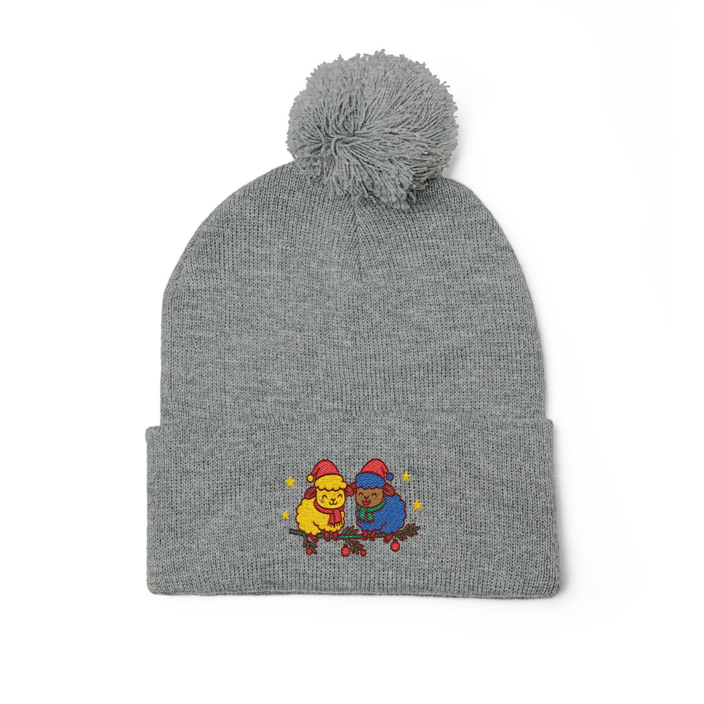 Embroidered Winter Pom-Pom Beanie — Cute Chick Couple Design
