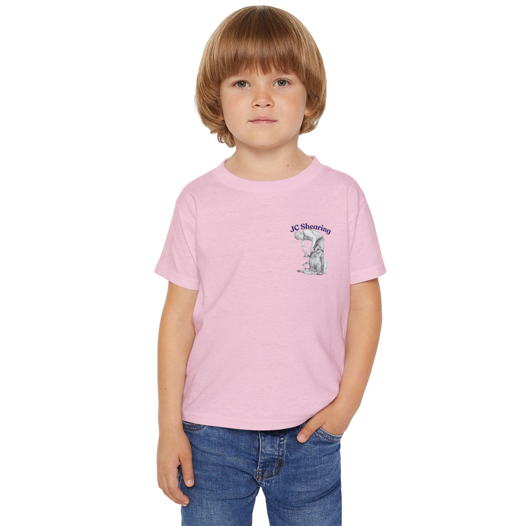 Toddler T-Shirt — Cute Sheep & Dog Cartoon with 'What kind of cars do sheep drive? Lamborghinis!' Back Print